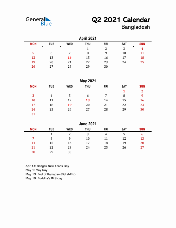 2021 Q2 Calendar with Holidays List for Bangladesh