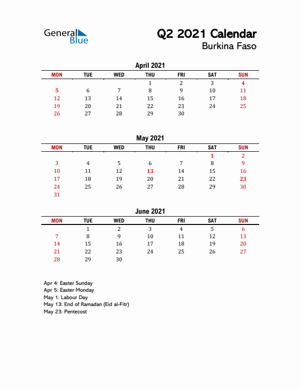 2021 Q2 Calendar with Holidays List for Burkina Faso