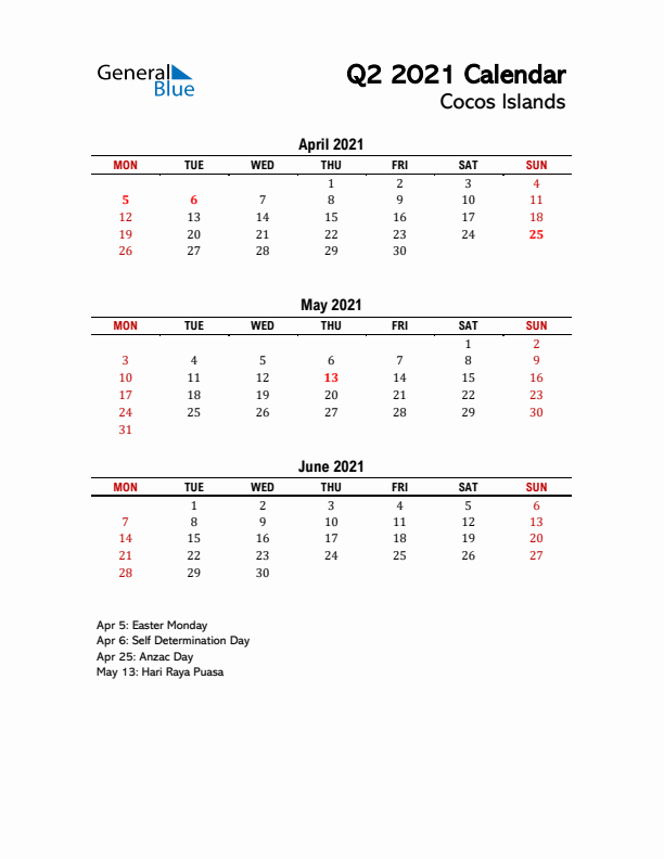 2021 Q2 Calendar with Holidays List for Cocos Islands