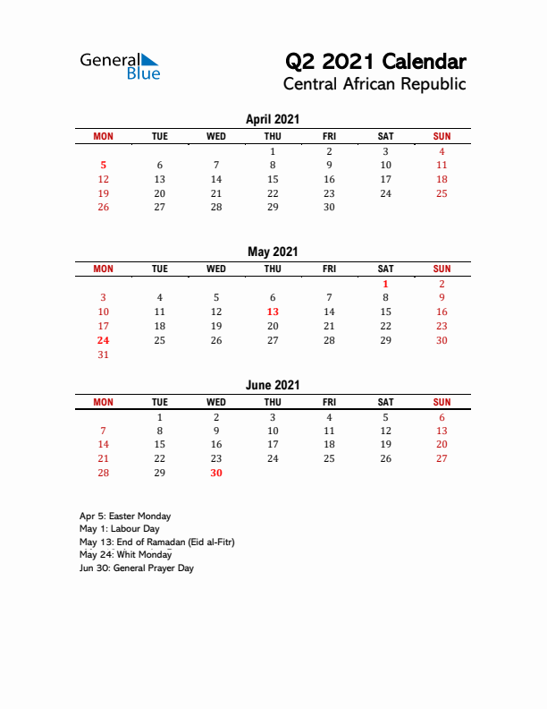 2021 Q2 Calendar with Holidays List for Central African Republic