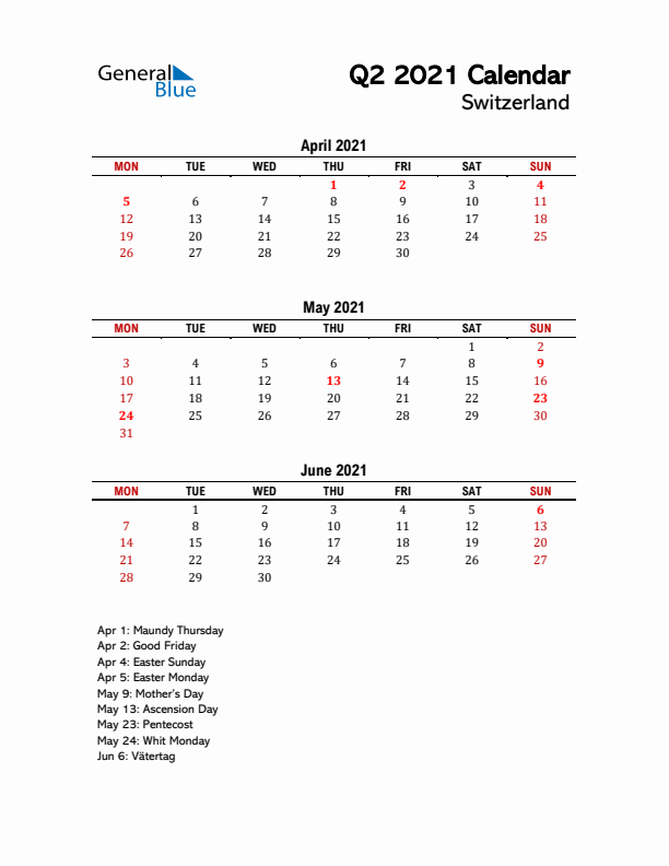 2021 Q2 Calendar with Holidays List for Switzerland