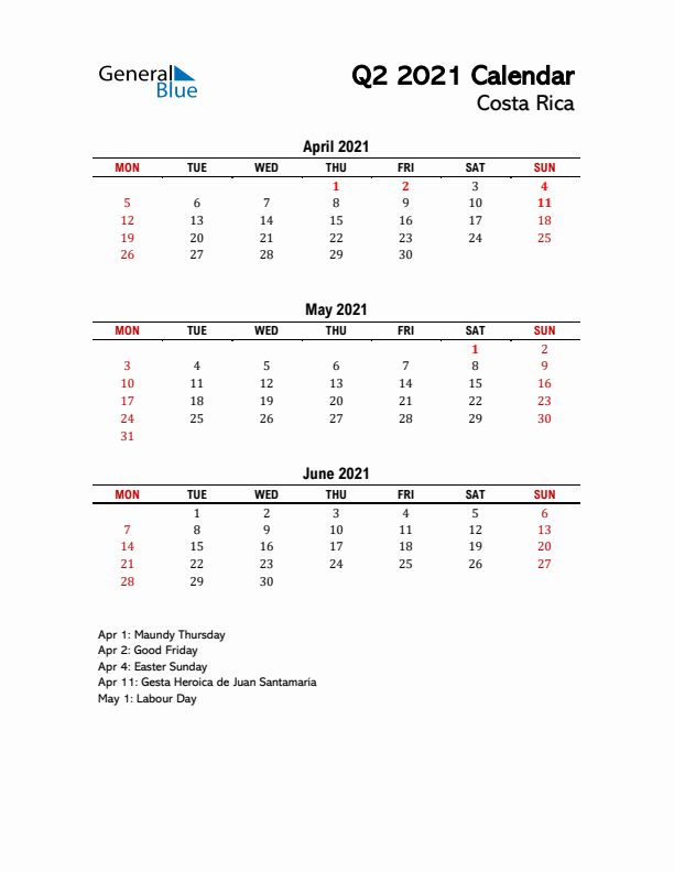 2021 Q2 Calendar with Holidays List for Costa Rica