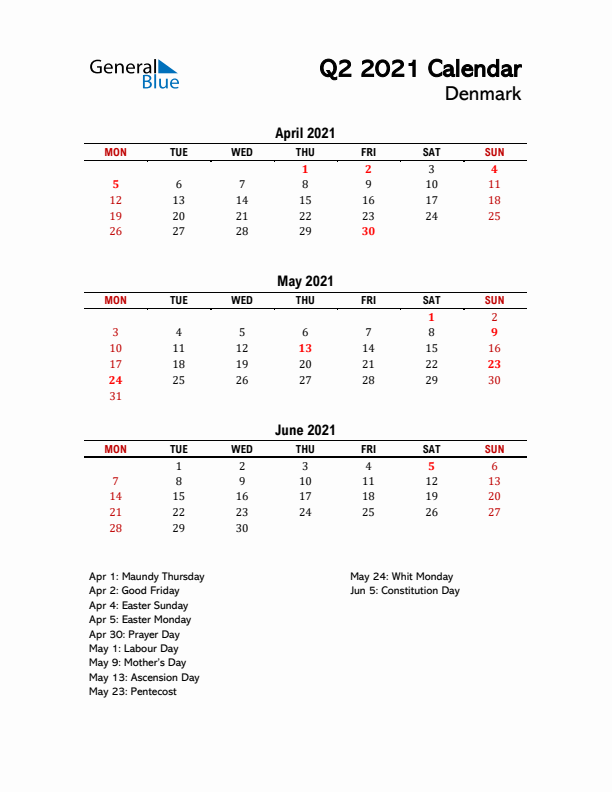 2021 Q2 Calendar with Holidays List for Denmark