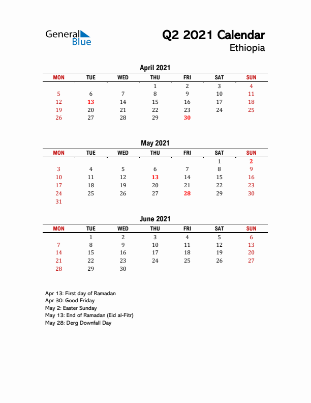 2021 Q2 Calendar with Holidays List for Ethiopia