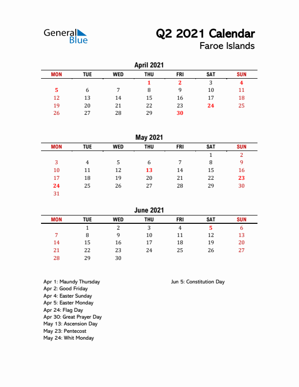 2021 Q2 Calendar with Holidays List for Faroe Islands