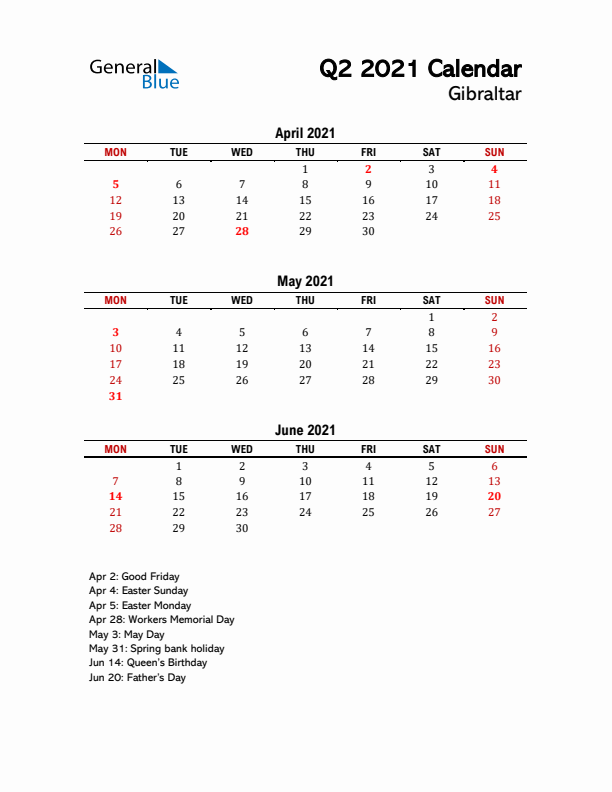 2021 Q2 Calendar with Holidays List for Gibraltar