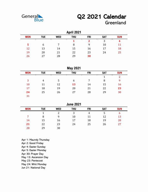 2021 Q2 Calendar with Holidays List for Greenland