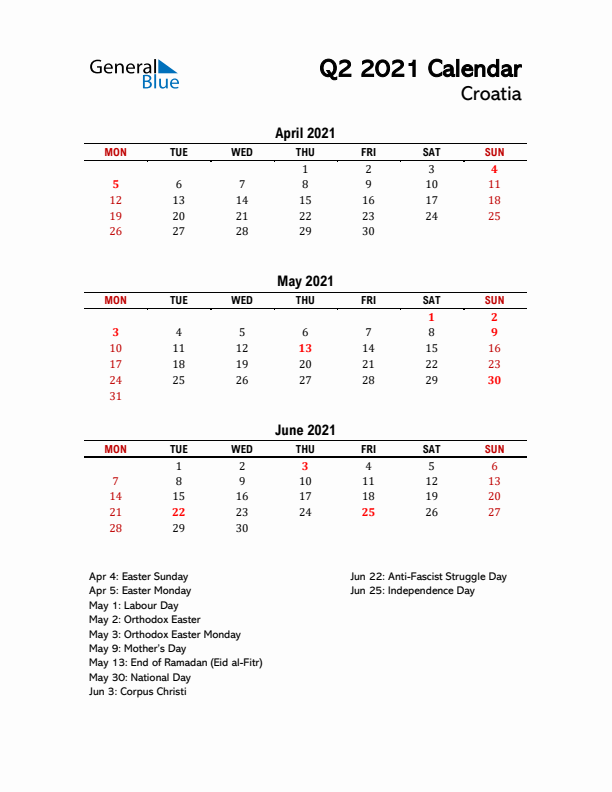 2021 Q2 Calendar with Holidays List for Croatia