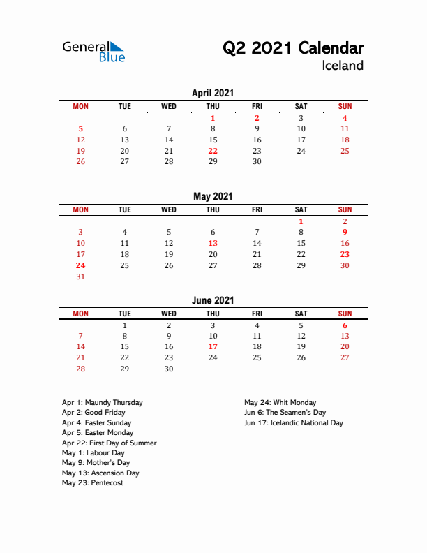 2021 Q2 Calendar with Holidays List for Iceland