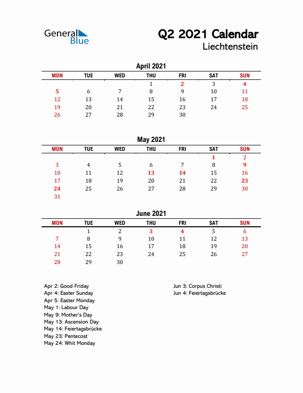 2021 Q2 Calendar with Holidays List for Liechtenstein