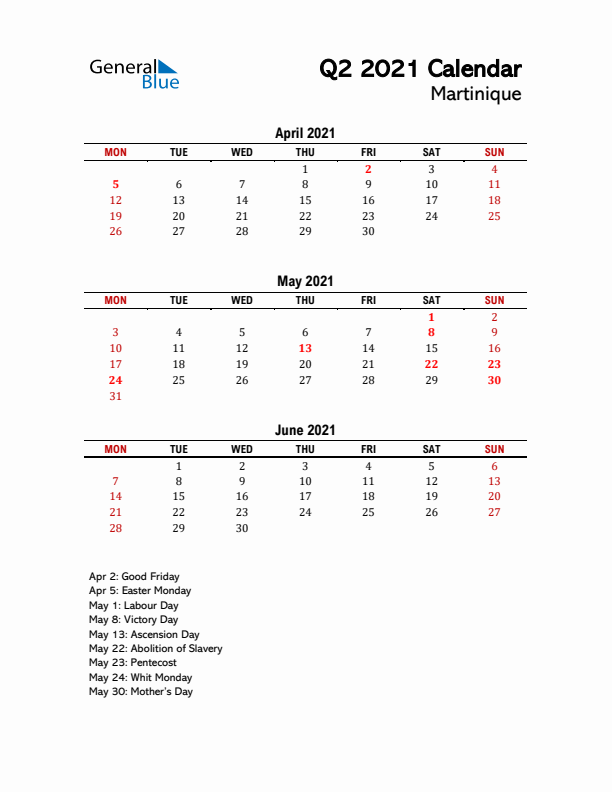 2021 Q2 Calendar with Holidays List for Martinique