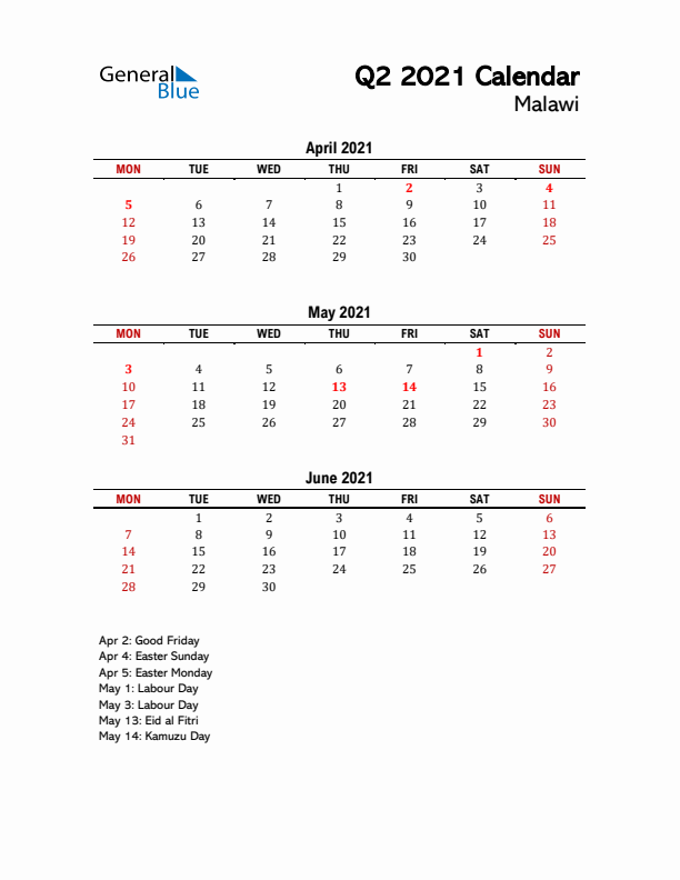 2021 Q2 Calendar with Holidays List for Malawi