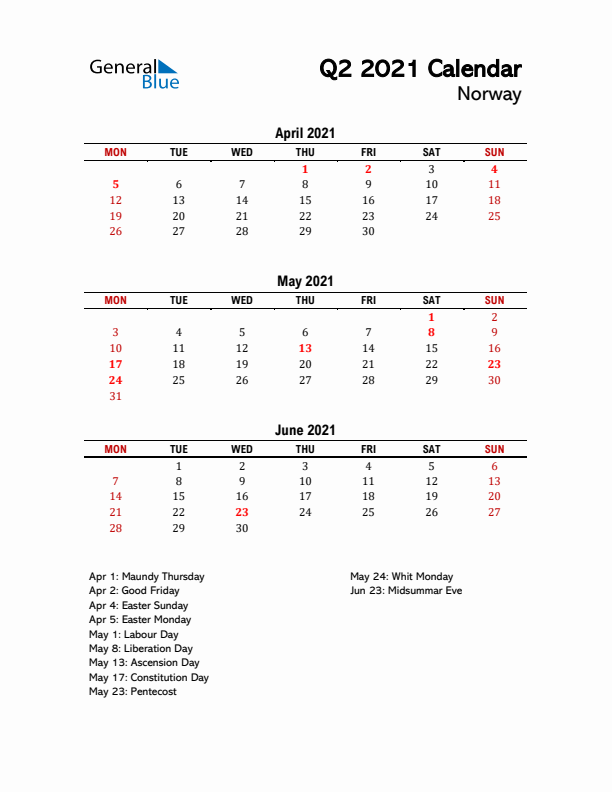 2021 Q2 Calendar with Holidays List for Norway