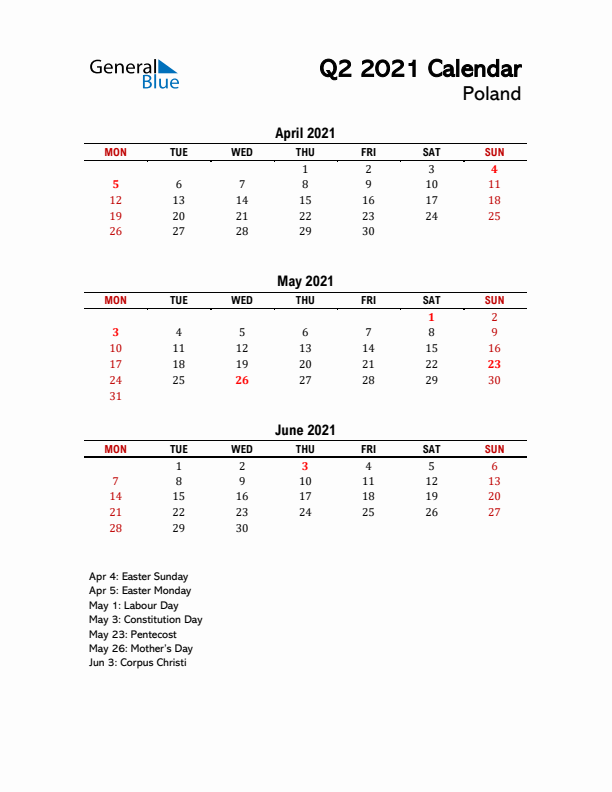 2021 Q2 Calendar with Holidays List for Poland