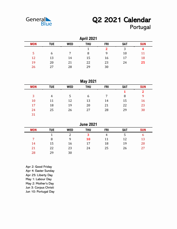 2021 Q2 Calendar with Holidays List for Portugal