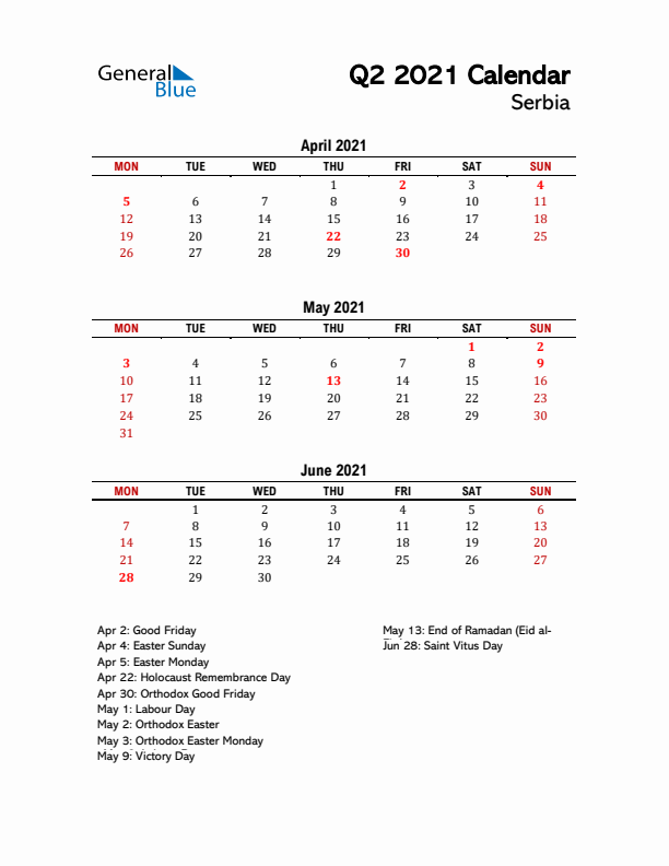 2021 Q2 Calendar with Holidays List for Serbia