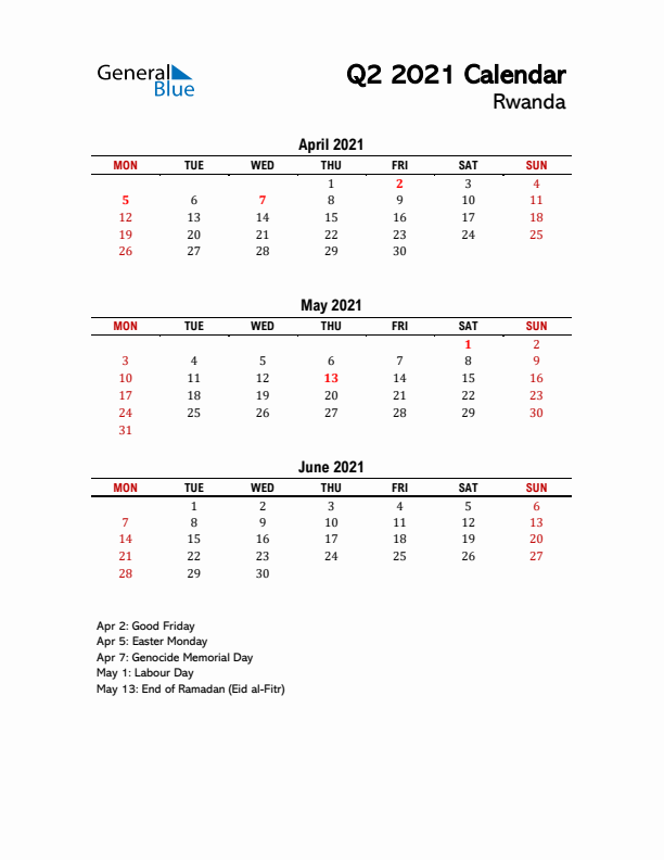 2021 Q2 Calendar with Holidays List for Rwanda