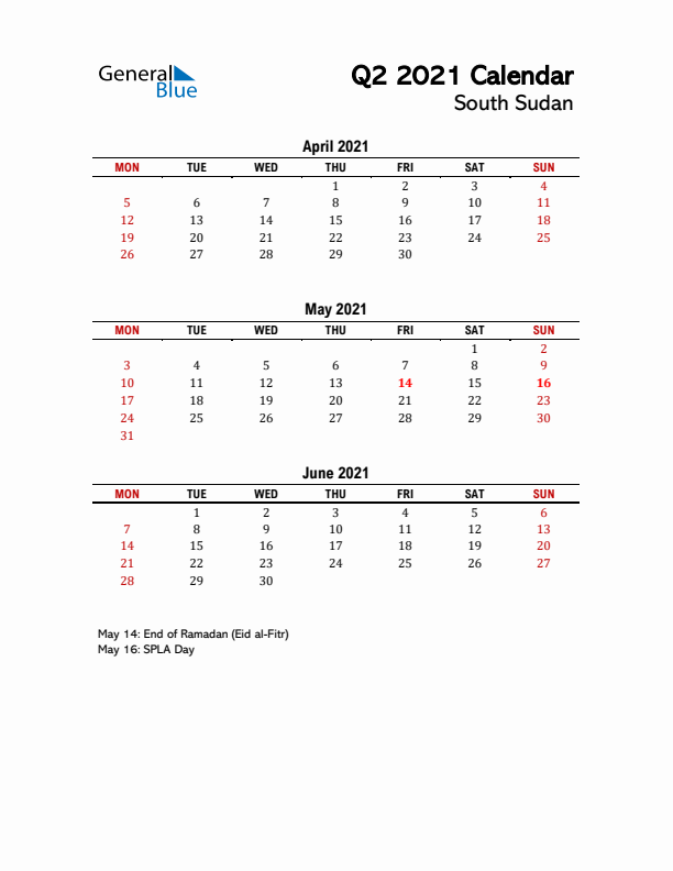 2021 Q2 Calendar with Holidays List for South Sudan