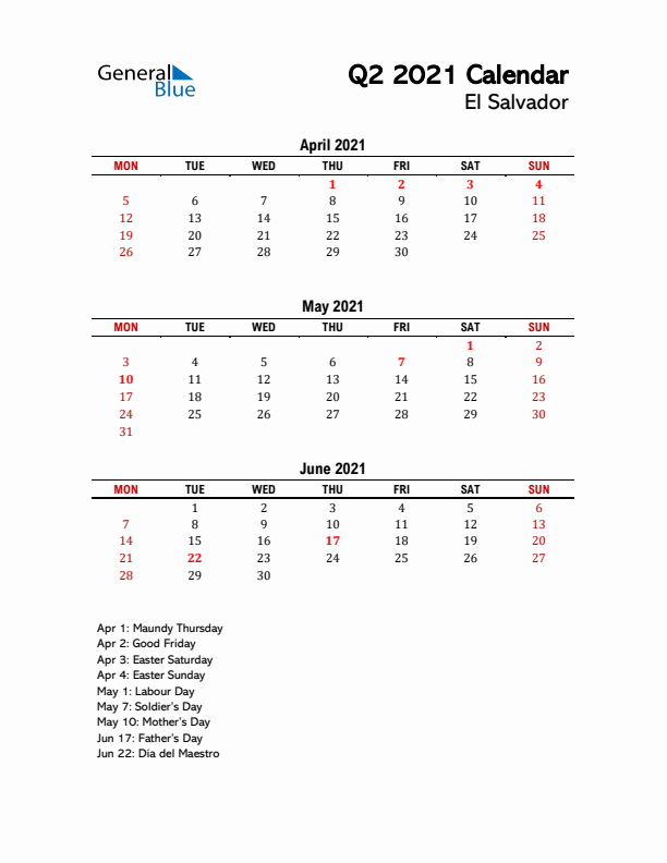 2021 Q2 Calendar with Holidays List for El Salvador