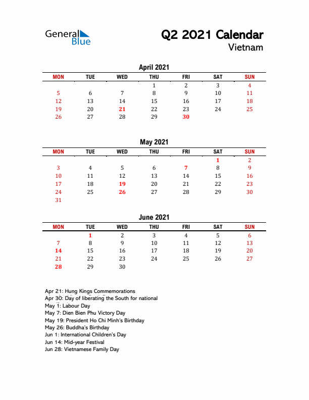 2021 Q2 Calendar with Holidays List for Vietnam