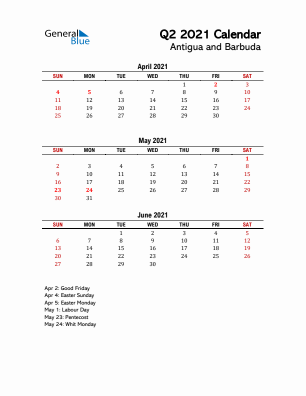 2021 Q2 Calendar with Holidays List for Antigua and Barbuda