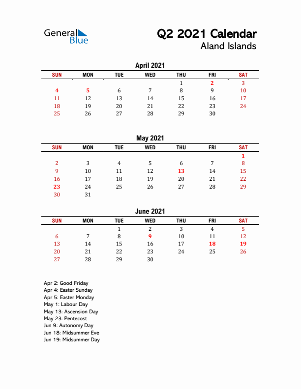 2021 Q2 Calendar with Holidays List for Aland Islands