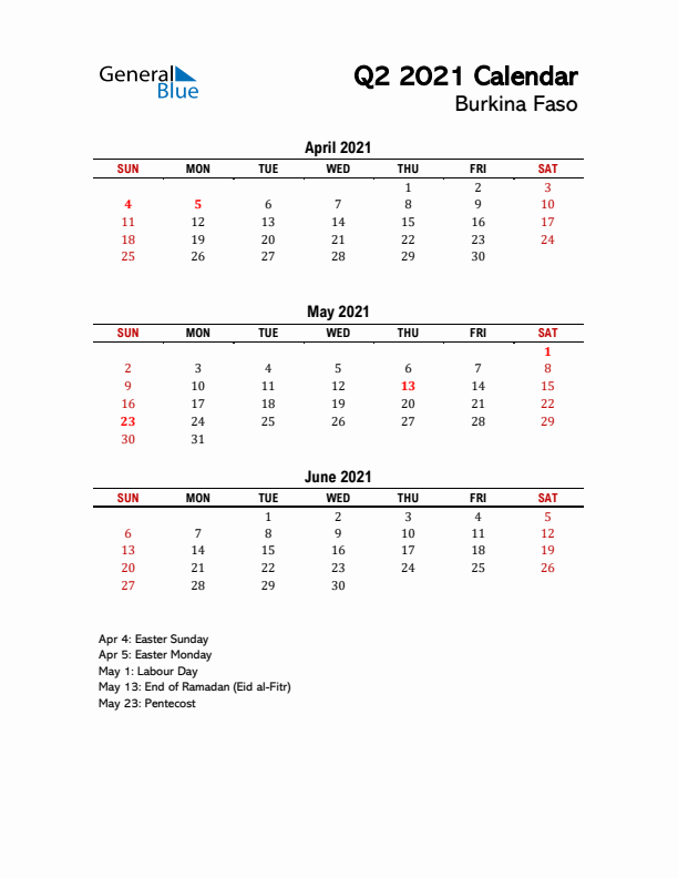 2021 Q2 Calendar with Holidays List for Burkina Faso