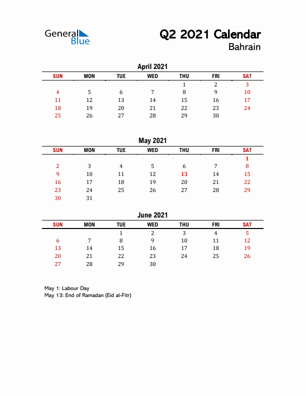 2021 Q2 Calendar with Holidays List for Bahrain