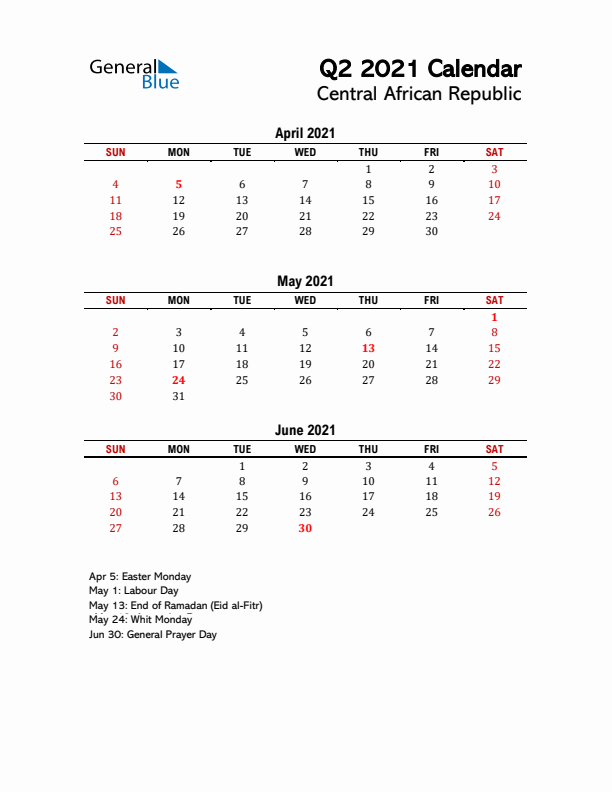 2021 Q2 Calendar with Holidays List for Central African Republic