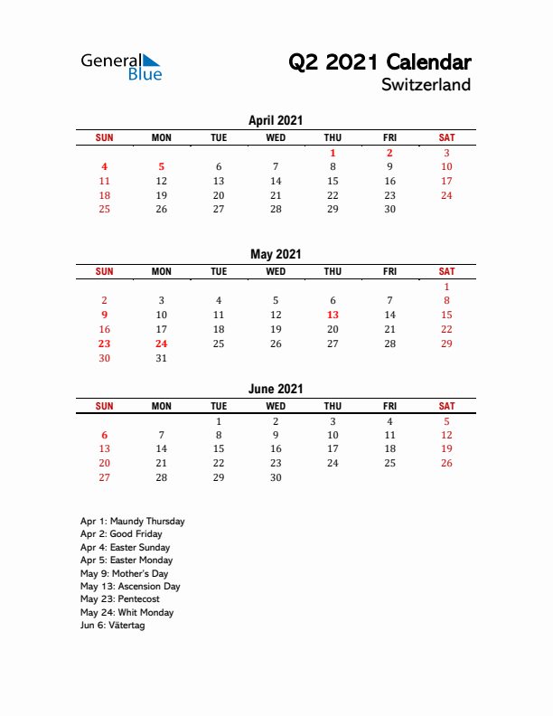 2021 Q2 Calendar with Holidays List for Switzerland