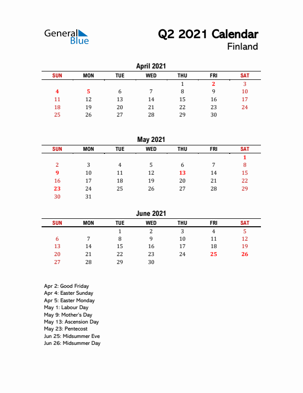 2021 Q2 Calendar with Holidays List for Finland