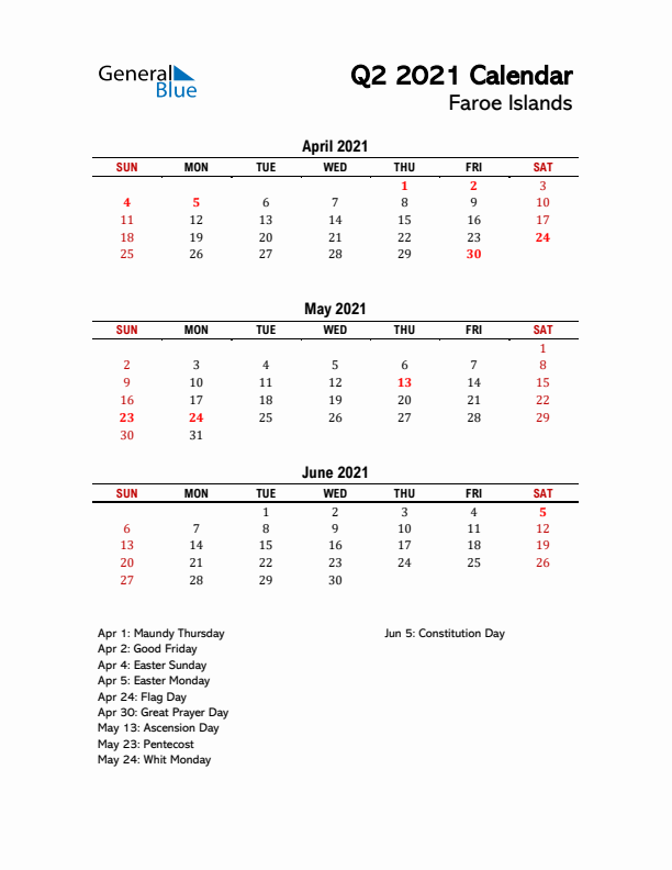 2021 Q2 Calendar with Holidays List for Faroe Islands