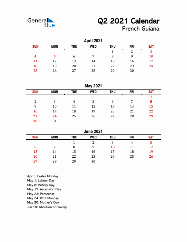 2021 Q2 Calendar with Holidays List for French Guiana