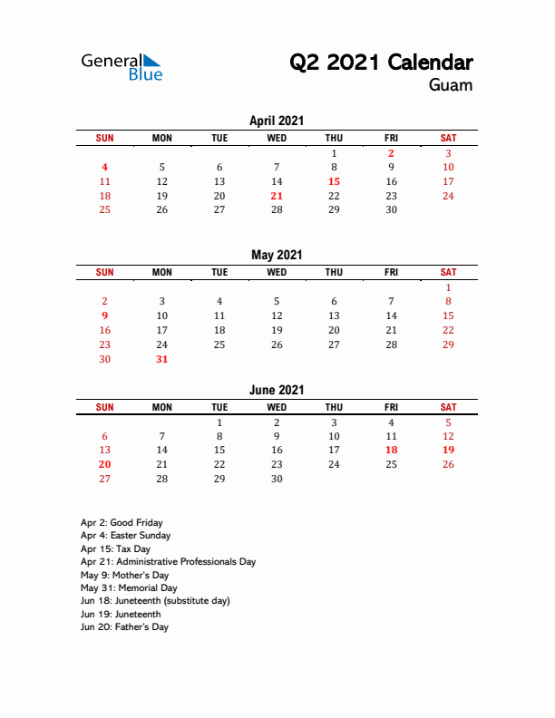 2021 Q2 Calendar with Holidays List for Guam