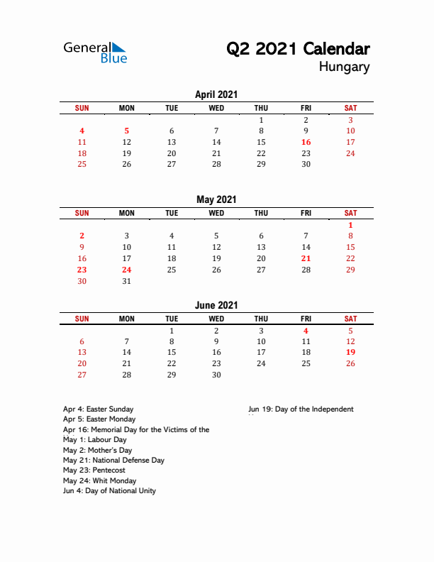 2021 Q2 Calendar with Holidays List for Hungary