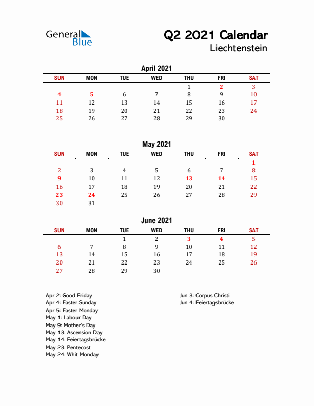 2021 Q2 Calendar with Holidays List for Liechtenstein