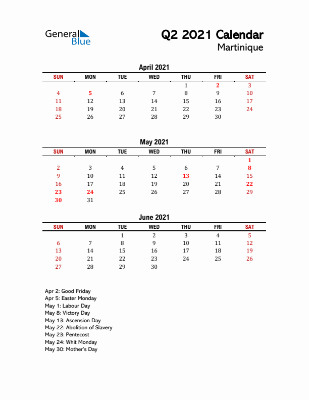 2021 Q2 Calendar with Holidays List for Martinique