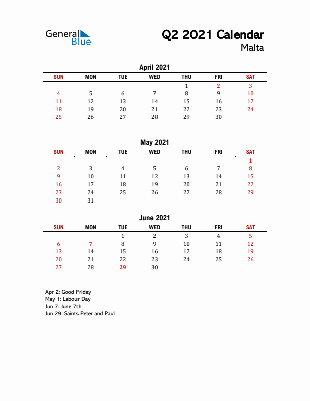 2021 Q2 Calendar with Holidays List for Malta