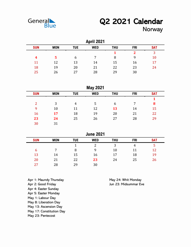 2021 Q2 Calendar with Holidays List for Norway