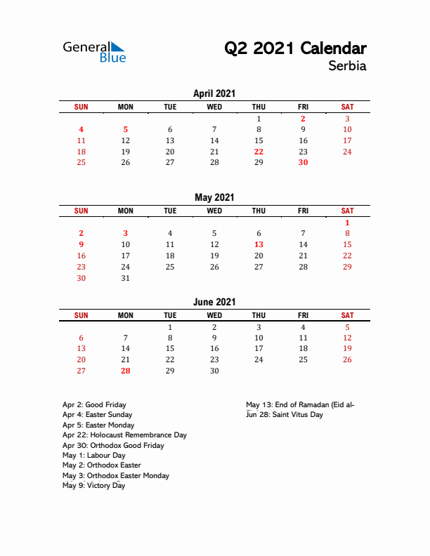 2021 Q2 Calendar with Holidays List for Serbia