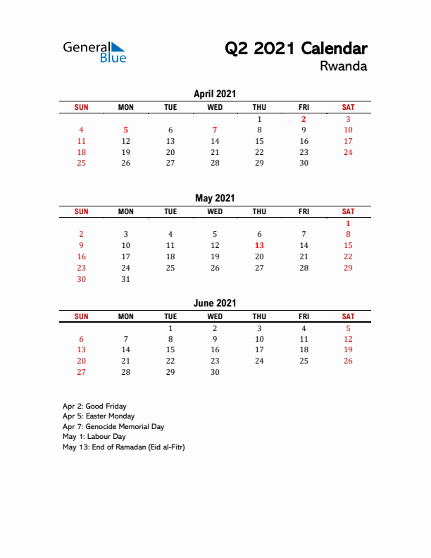 2021 Q2 Calendar with Holidays List for Rwanda