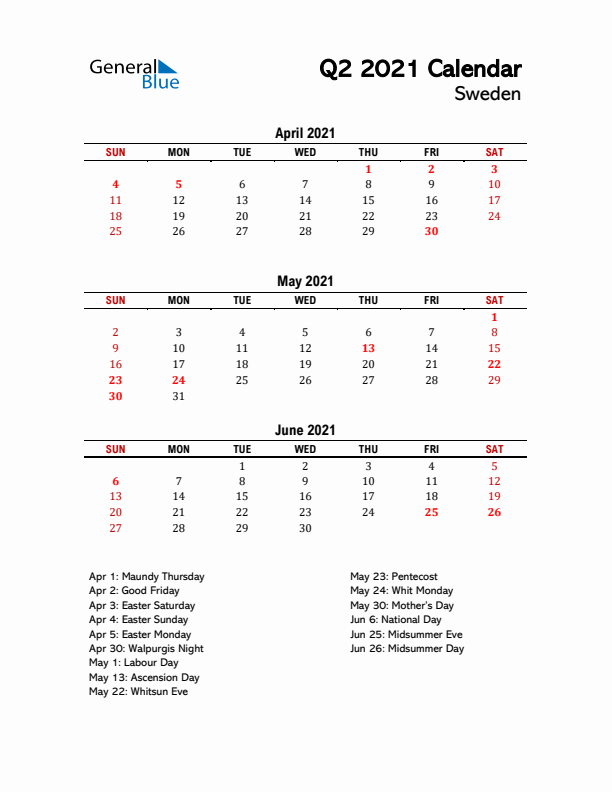 2021 Q2 Calendar with Holidays List for Sweden