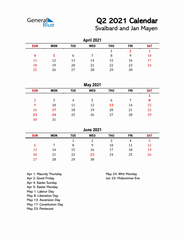 2021 Q2 Calendar with Holidays List for Svalbard and Jan Mayen