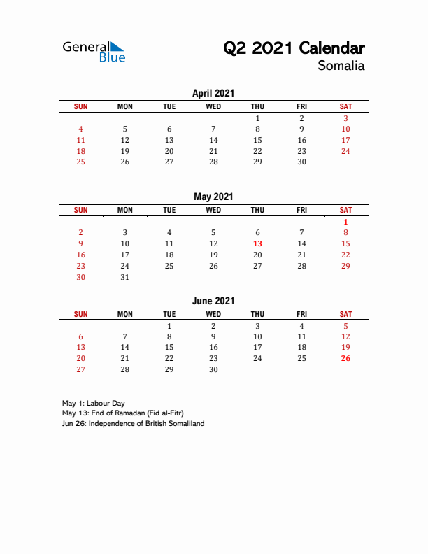 2021 Q2 Calendar with Holidays List for Somalia