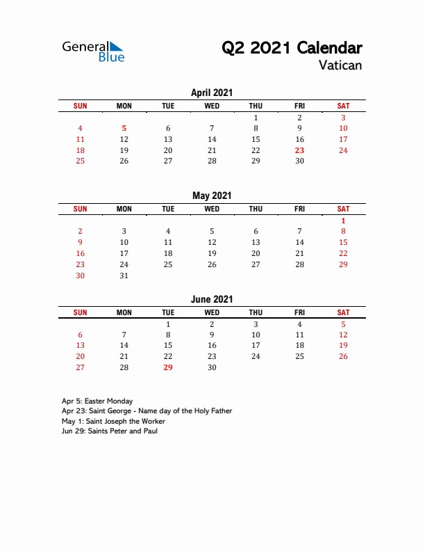 2021 Q2 Calendar with Holidays List for Vatican