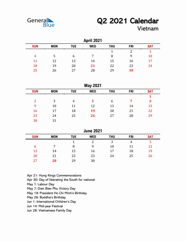 2021 Q2 Calendar with Holidays List for Vietnam