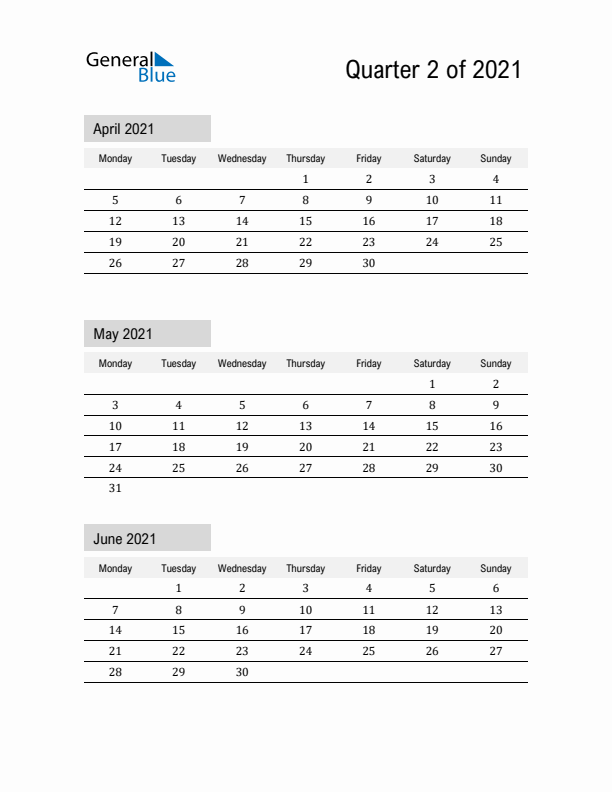 April, May, and June Calendar 2021