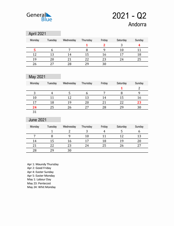 Andorra Quarter 2 2021 Calendar with Holidays