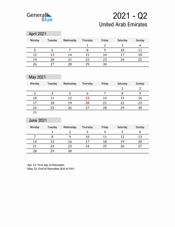 United Arab Emirates Quarter 2 2021 Calendar with Holidays