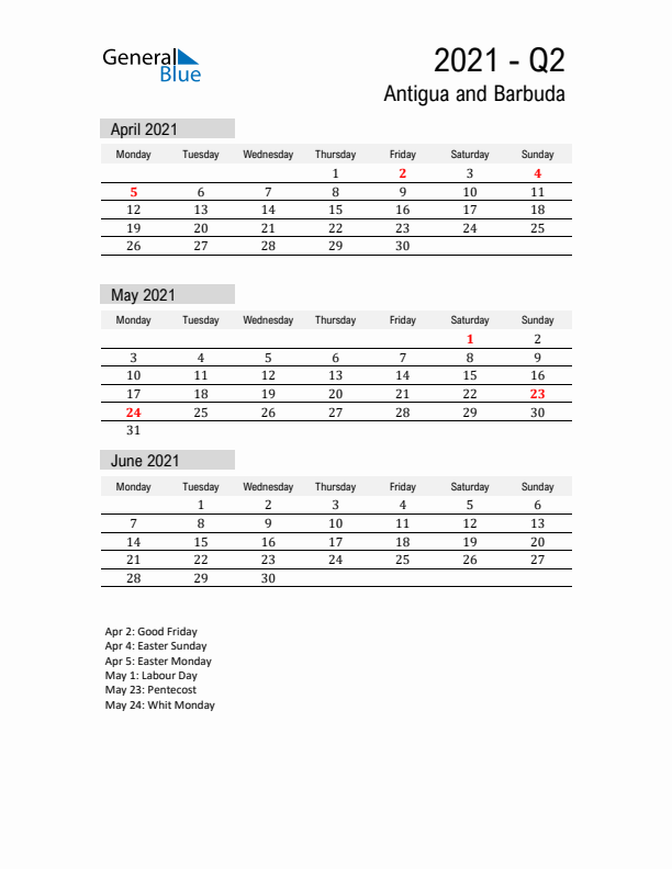 Antigua and Barbuda Quarter 2 2021 Calendar with Holidays